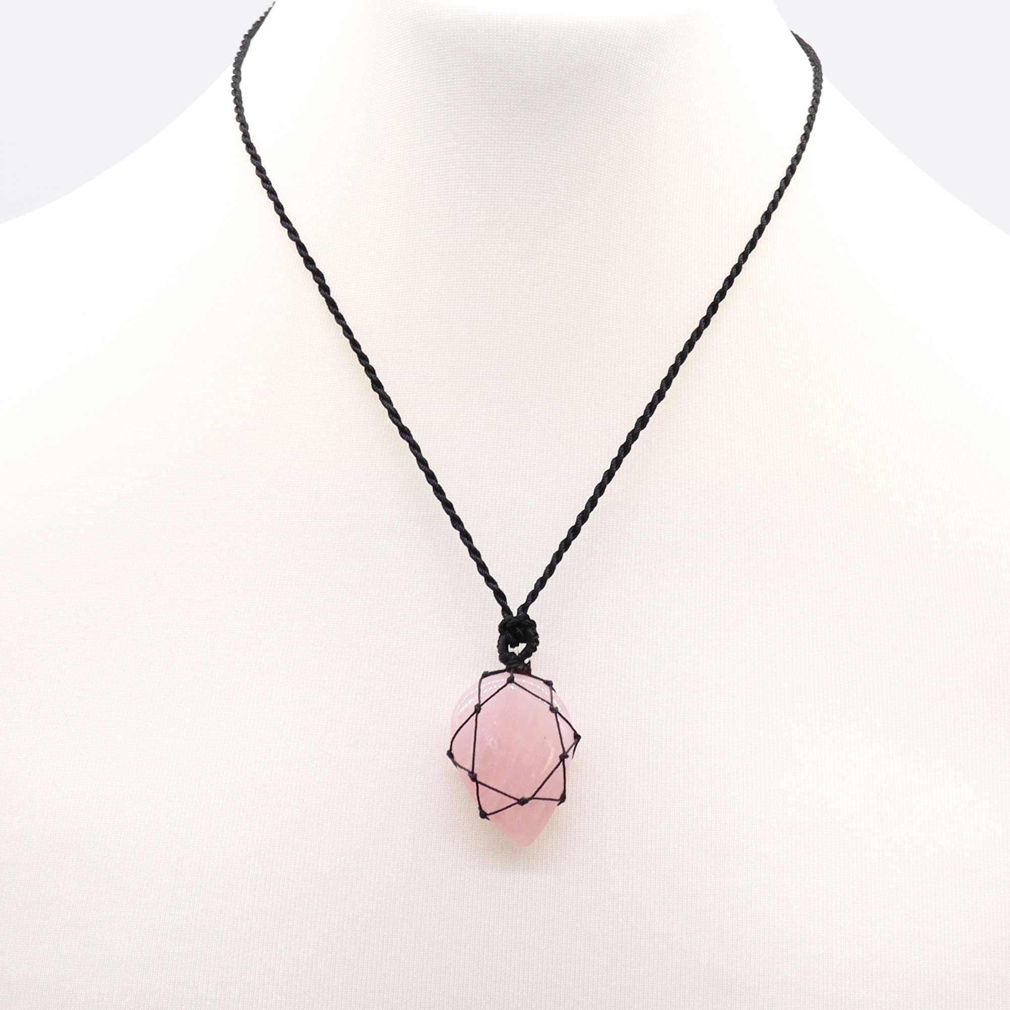 Laced Gemstone Teardrop Pendant Necklace – Rose Quartz