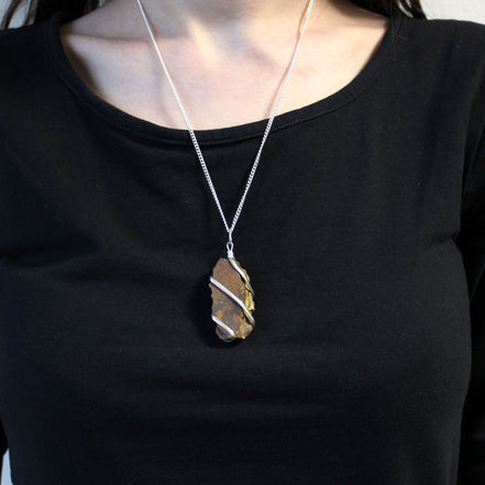 Tiger Eye Gemstone Necklace – Cascade Wrapped Rough Pendant